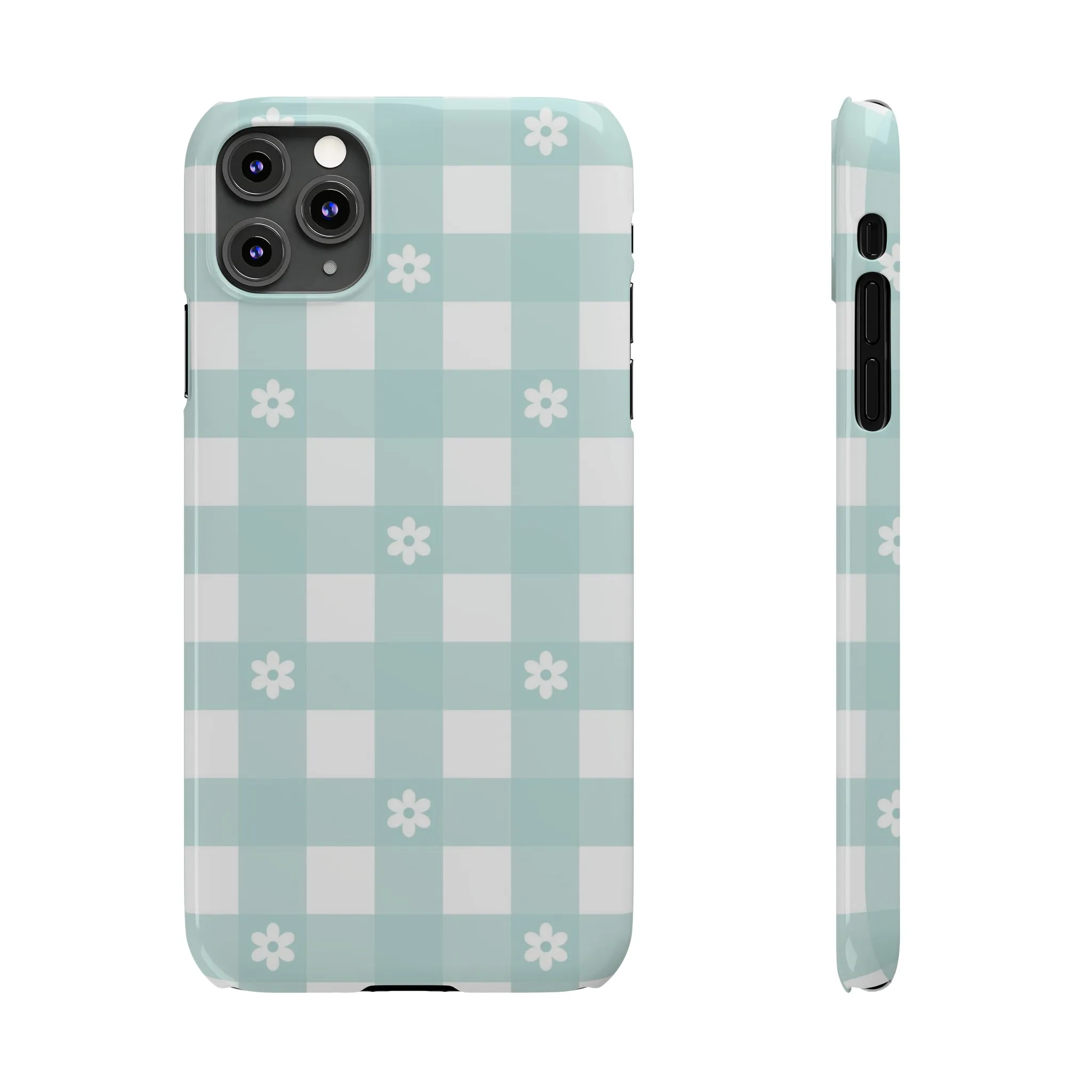 White Daisies and Blue Gingham Design Sleek Elegance Wireless-Charging Compatible Phone Case Slim Phone Case compatible with over 20 iphone models