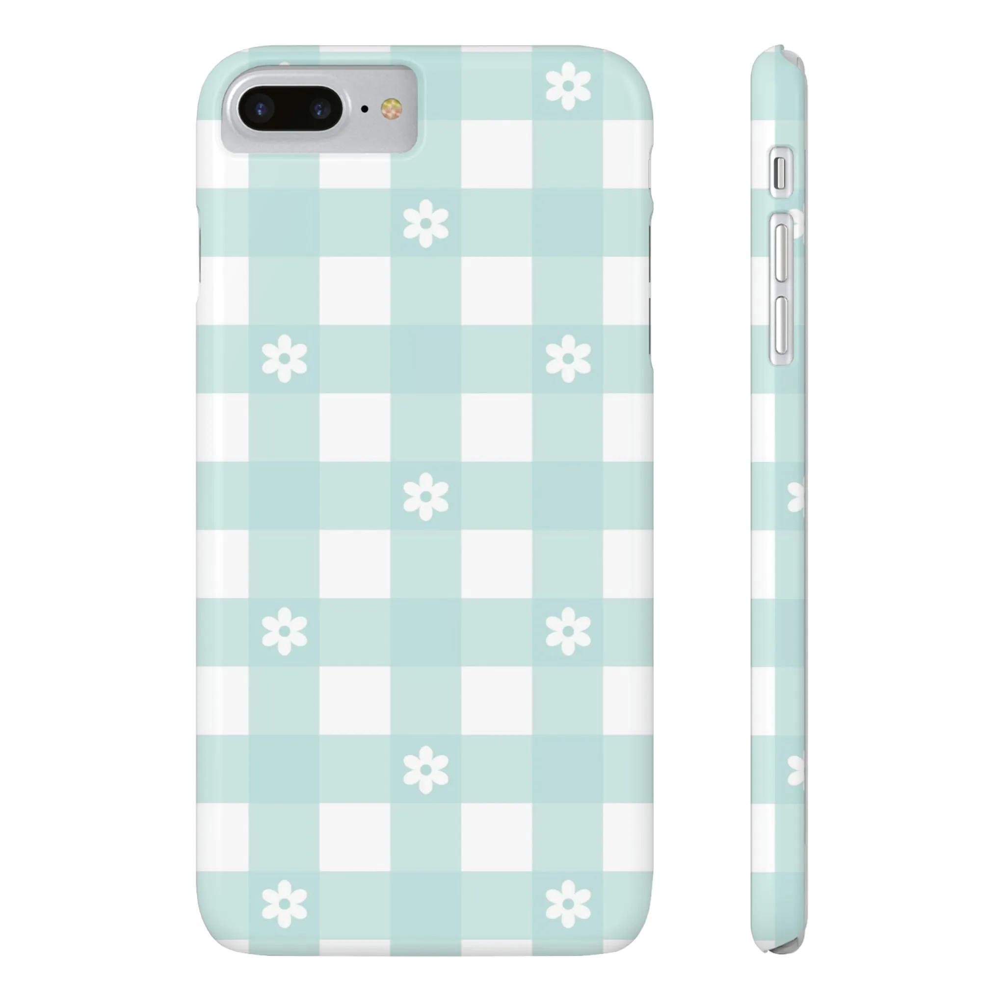 White Daisies and Blue Gingham Design Sleek Elegance Wireless-Charging Compatible Phone Case Slim Phone Case compatible with over 20 iphone models