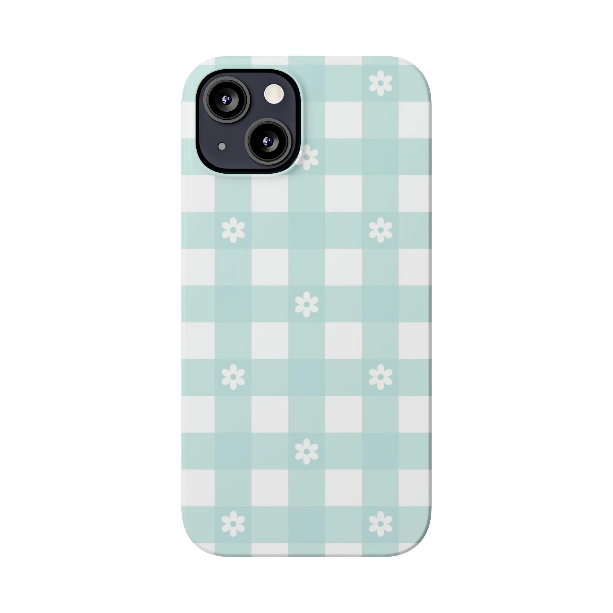 White Daisies and Blue Gingham Design Sleek Elegance Wireless-Charging Compatible Phone Case Slim Phone Case compatible with over 20 iphone models