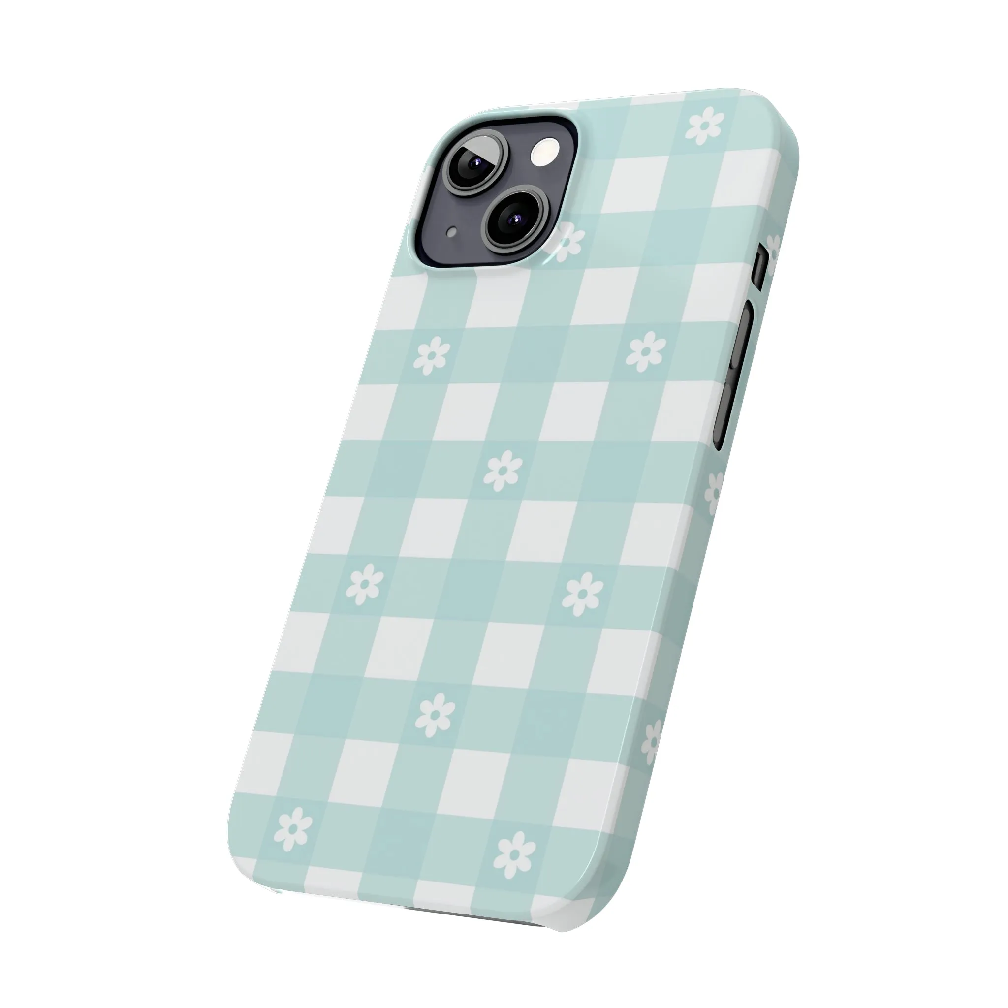 White Daisies and Blue Gingham Design Sleek Elegance Wireless-Charging Compatible Phone Case Slim Phone Case compatible with over 20 iphone models