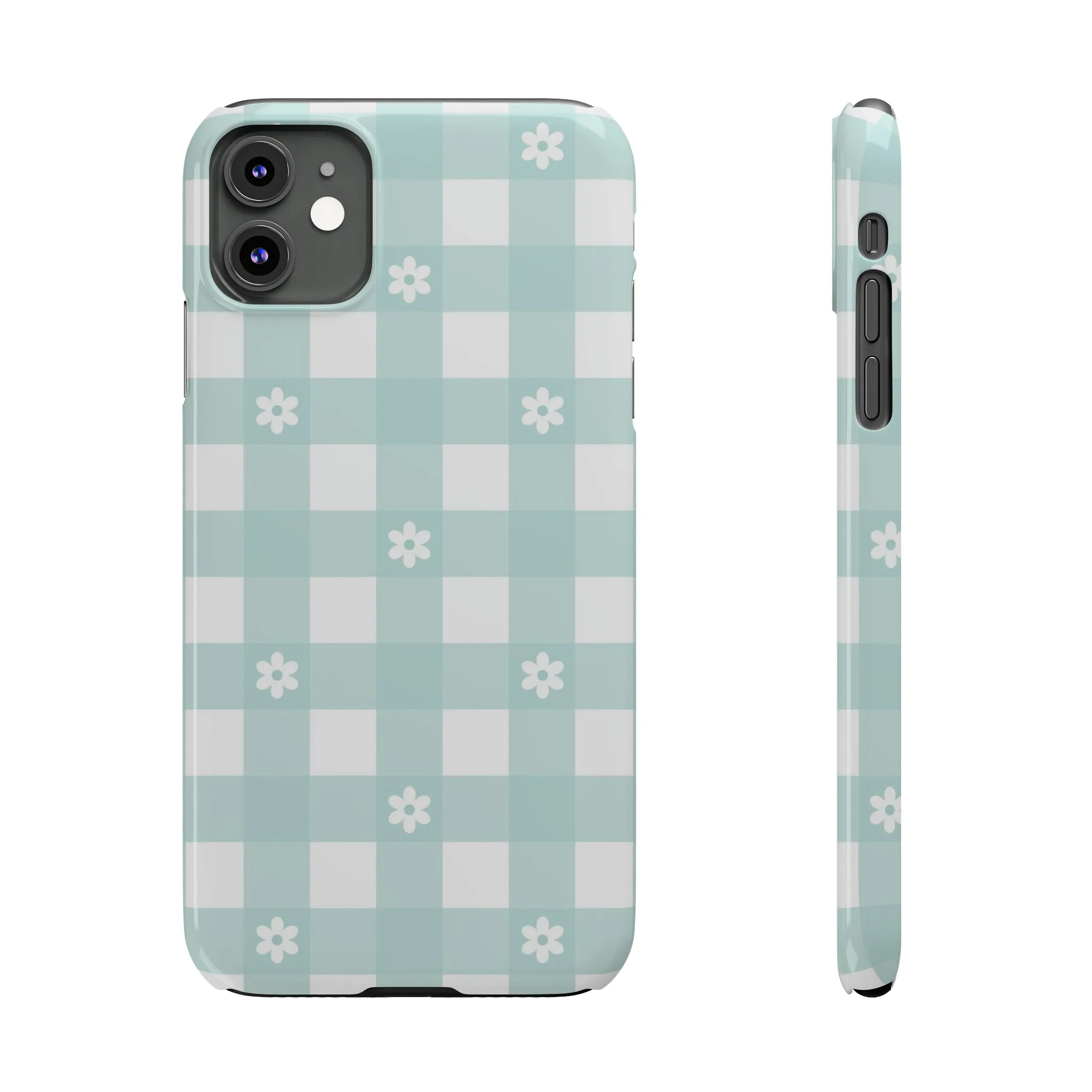 White Daisies and Blue Gingham Design Sleek Elegance Wireless-Charging Compatible Phone Case Slim Phone Case compatible with over 20 iphone models