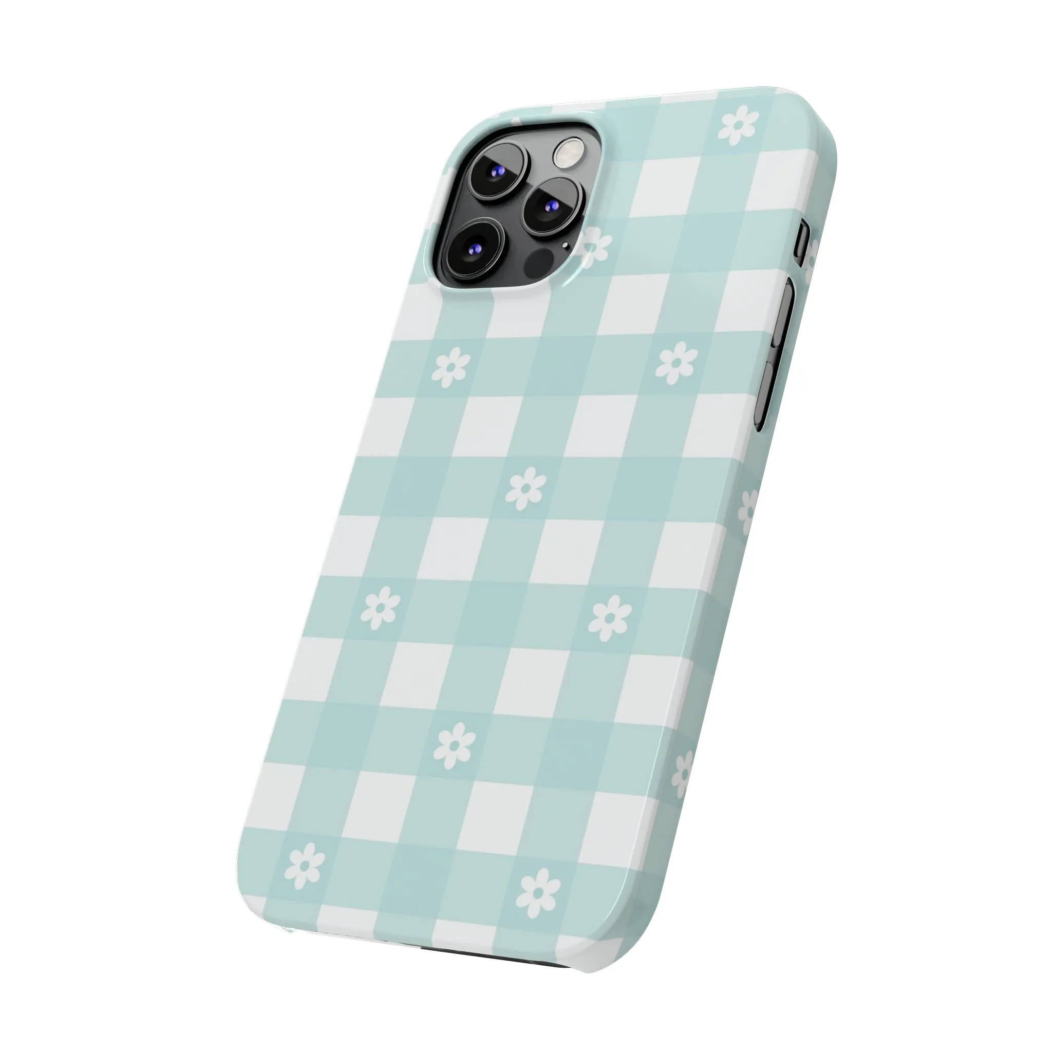 White Daisies and Blue Gingham Design Sleek Elegance Wireless-Charging Compatible Phone Case Slim Phone Case compatible with over 20 iphone models