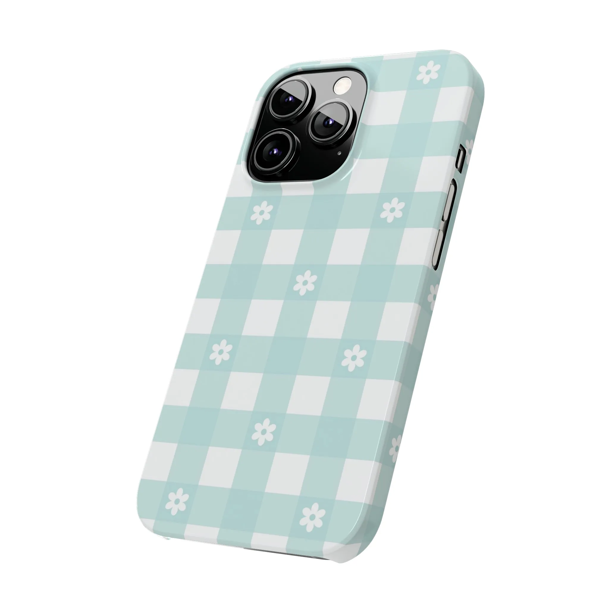 White Daisies and Blue Gingham Design Sleek Elegance Wireless-Charging Compatible Phone Case Slim Phone Case compatible with over 20 iphone models