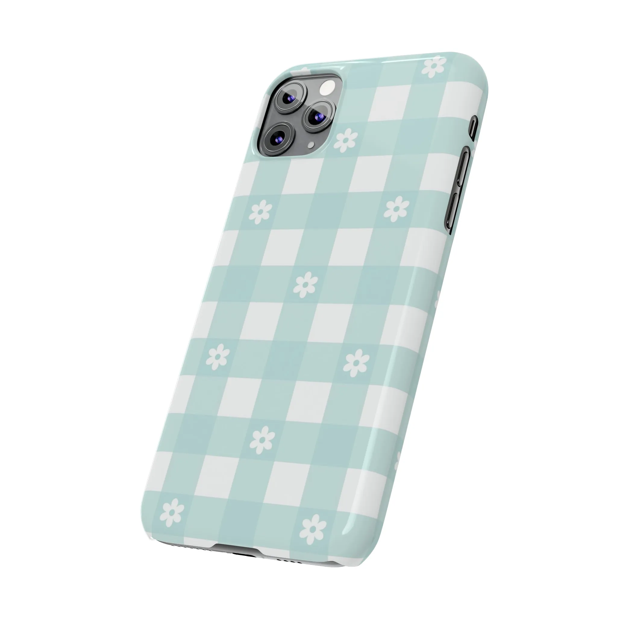 White Daisies and Blue Gingham Design Sleek Elegance Wireless-Charging Compatible Phone Case Slim Phone Case compatible with over 20 iphone models