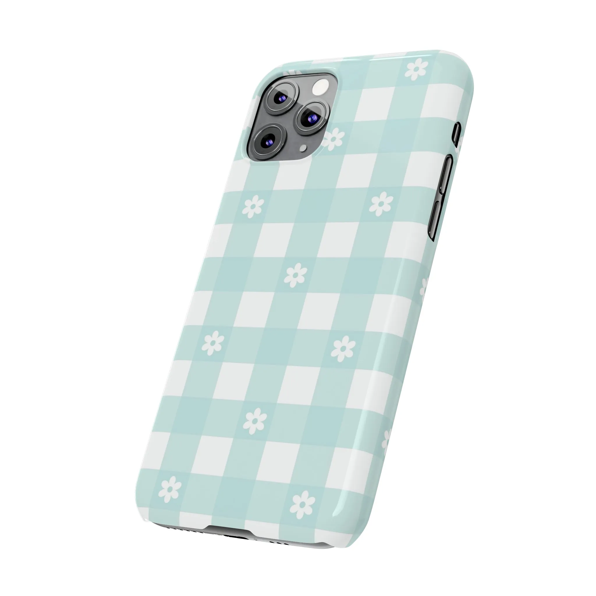 White Daisies and Blue Gingham Design Sleek Elegance Wireless-Charging Compatible Phone Case Slim Phone Case compatible with over 20 iphone models