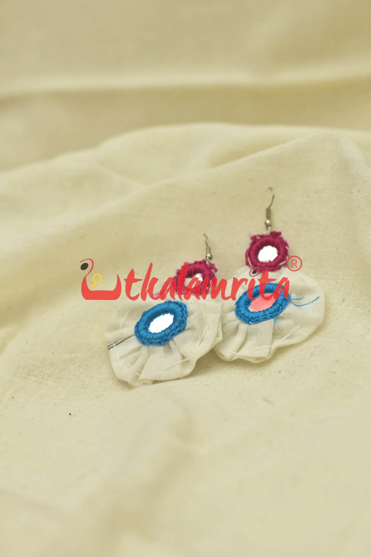 White Pipli Flowers Blue pink (Pipli applique danglers)