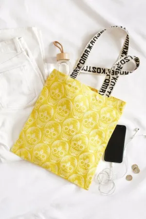 Xander Kostroma - Sunshine Yellow Skull Print Cotton Shopper Tote Bag for Women - Eco-Friendly 100% Cotton Canvas - Limited Edition Durable Shopping Bag - 38cm x 35cm - Perfect for Everyday Use