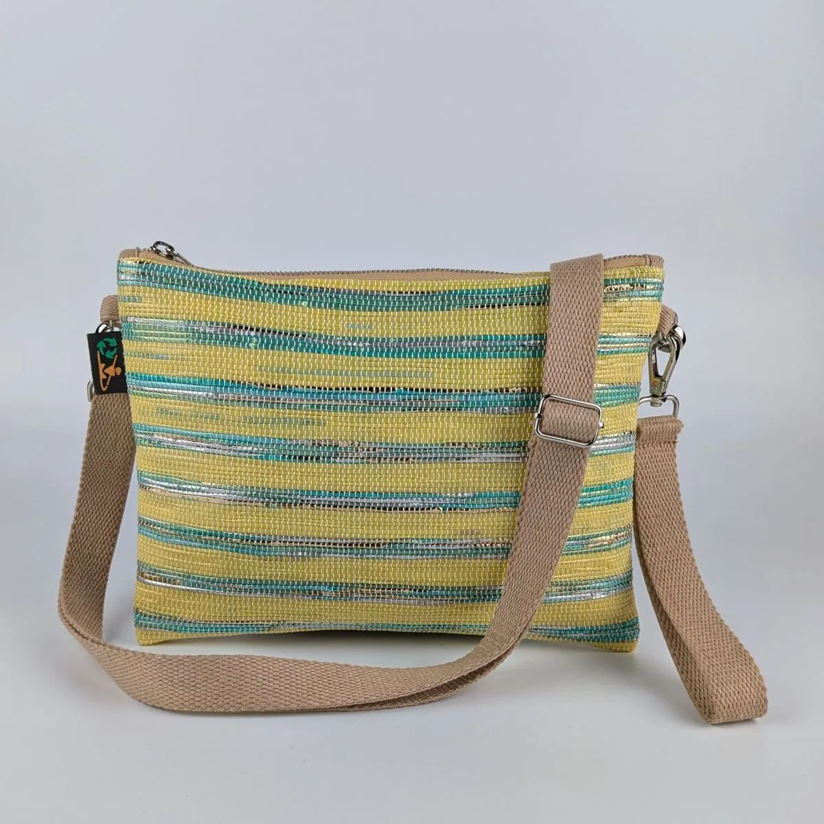 Yellow Shimmery Golden Green Striped Upcycled Handwoven Sling Bag (SI0125-017) PS_W